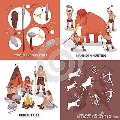 Primal Tribe People Concept Icons Set Vector Illustration