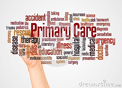 Primary care word cloud and hand with marker concept Stock Photo