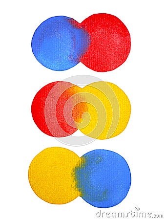 3 primary colors, blue red yellow watercolor painting circle Stock Photo