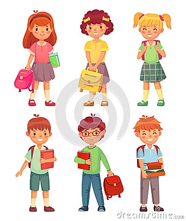 Primary school kids. Cartoon children pupils with backpack and books. Happy boy and girl pupil in schools uniform vector Vector Illustration