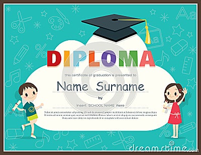 Primary School Kids Diploma certificate design template Vector Illustration