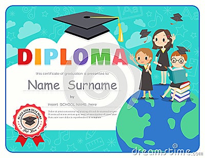 Primary School Kids Graduation Diploma certificate design template Vector Illustration