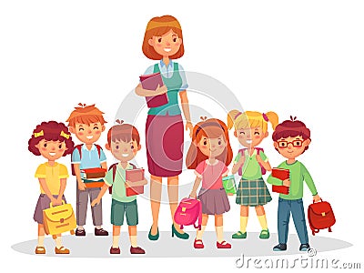 Primary school kids with smiling teacher. Children learning at school, education concept. Woman with pupils Vector Illustration