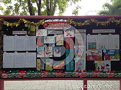 Primary school students workmanship, bulletin board. Editorial Stock Photo