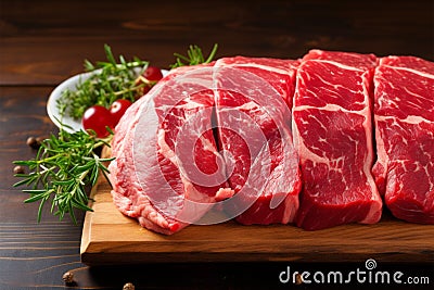Prime beef, thinly sliced, displaying marbled textures of freshness Stock Photo