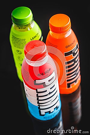Prime Energy Drink . Bottle drink on black table Editorial Stock Photo