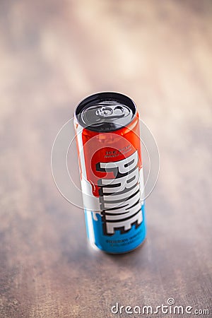 Prime Energy Drink . Bottle drink on rustic background Editorial Stock Photo