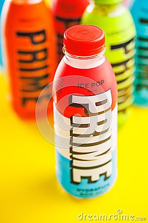 Prime Energy Drink . Bottle drink on yellow background Editorial Stock Photo