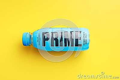 Prime Hydration Drink. Bottle drink on yellow backgound Editorial Stock Photo