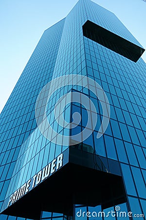 Prime Tower a big corporate building in Zurich, Switzerland with glass facade . Editorial Stock Photo