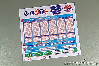 Primelin â€“ France, January 22, 2020 : grid of loto from the society la francaise des jeux Editorial Stock Photo