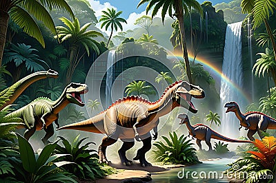 Primeval Rush: Dinosaurs Captured Mid-Stampede, Vibrant Tropical Foliage Surrounding Them, Ferns and Palms Bending in Their Wake Stock Photo