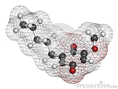 Primin primrose plant allergen molecule. 3D rendering. Atoms are represented as spheres with conventional color coding: hydrogen Stock Photo