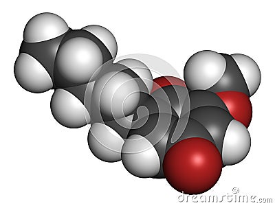 Primin primrose plant allergen molecule. 3D rendering. Atoms are represented as spheres with conventional color coding: hydrogen Stock Photo