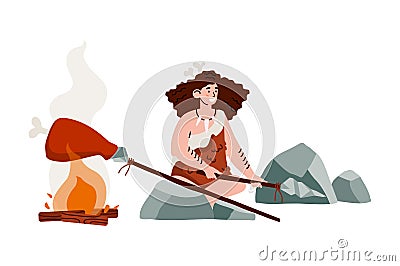 Primitive ancient cave woman stone age sitting on rocks and cook meat on fire. Vector Illustration