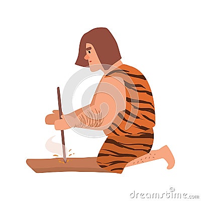 Primitive archaic man or caveman dressed in skin clothes lighting fire through friction by grinding piece of wood or Vector Illustration