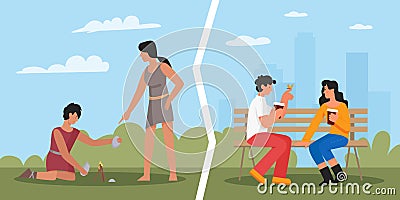 Primitive caveman cavewoman, modern people on date in city park, girl and guy dating Vector Illustration