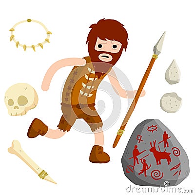 Primitive caveman. Prehistoric hunter. Cartoon flat. Bone and skull Vector Illustration