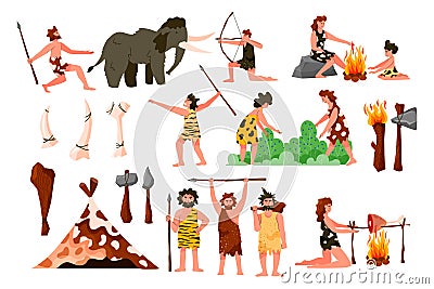 Primitive caveman. Stone age. Animal hunters. Neolithic cave people tools. Primeval children. Women cooking on fire. Men Vector Illustration