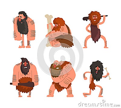 Primitive Caveman and Troglodyte with Beard and Hairy Body with Bone and Bludgeon Vector Set Vector Illustration