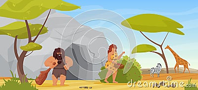 Primitive couple people, hunter caveman holding club for hunting, woman picking berries Vector Illustration