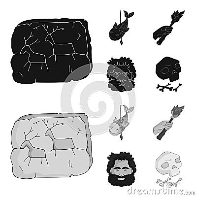 Primitive, fish, spear, torch .Stone age set collection icons in black,monochrom style vector symbol stock illustration Vector Illustration