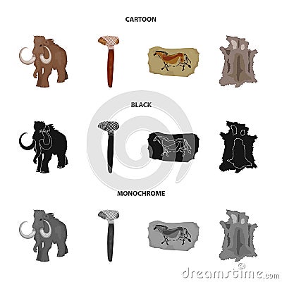 Primitive, mammoth, weapons, hammer .Stone age set collection icons in cartoon,black,monochrome style vector symbol Vector Illustration