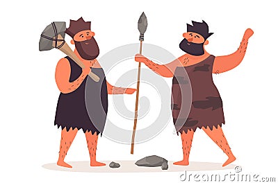 A primitive man with an ax is talking beside a man with a spear. Vector Illustration