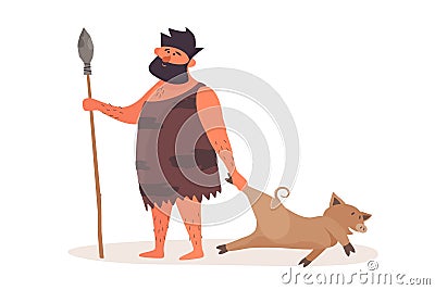 Primitive man came from hunting with prey. Prehistoric man dressed in pelt on a white isolated background. Vector Illustration