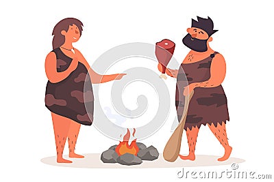 Primitive man with cudgel and piece of meat talks beside woman by fire. Vector Illustration