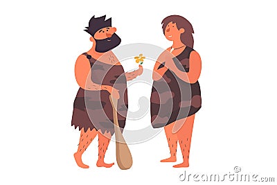 Primitive man in love gives a flower to his primitive girlfriend. Vector Illustration