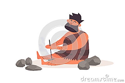 Primitive man produces fire by friction. Vector Illustration