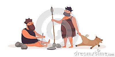 Primitive man produces fire by friction. A prehistoric man with a spear, dressed in pelt, brought booty from the hunt. Vector Illustration