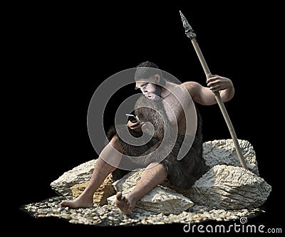 Primitive man with smartphone on isolate black concept 3d illustration Stock Photo