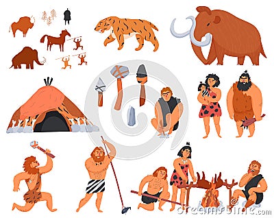 Primitive Men Cartoon Icons Set Vector Illustration