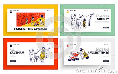 Primitive People Caveman Family Live in Cave Landing Page Template Set. Ancient Neanderthal Culture Vector Illustration