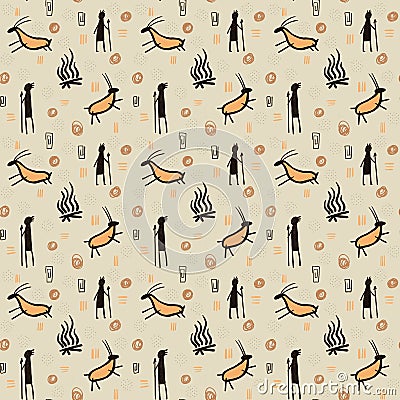 Primitive people first hunters seamless pattern, rock art wallpaper, graphic background Stock Photo