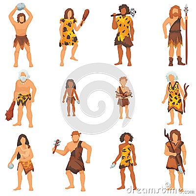 Primitive people primeval neanderthal cartoon character and ancient caveman in stone age cave illustration prehistoric Cartoon Illustration