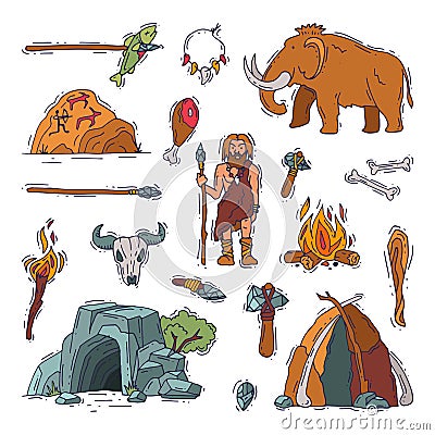 Primitive people primeval neanderthal character and ancient caveman fire in stone age cave illustration prehistoric man Cartoon Illustration