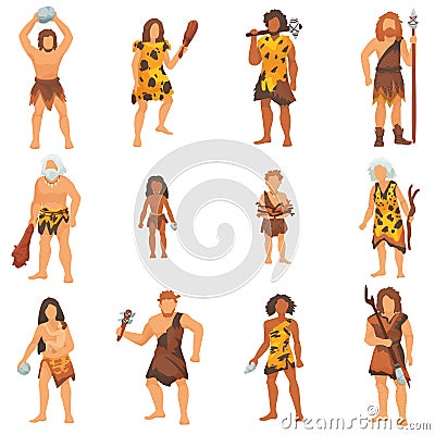 Primitive people vector primeval neanderthal cartoon character and ancient caveman in stone age cave illustration Vector Illustration
