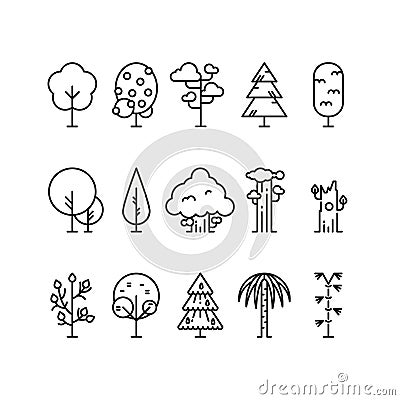 Primitive simple contour line trees. Nature plants symbols Vector Illustration