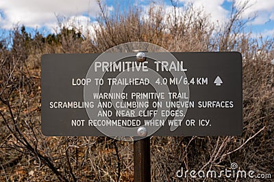 Primitive Trail Warning Sign at Devils Garden Stock Photo