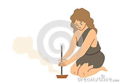 Primitive woman kindles fire Vector Illustration