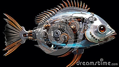 Primitivism Sea Fish: Half-mechanical Half-fish Illustration With Surrealistic Lighting Cartoon Illustration