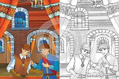 Prince in the castle chamber - two men talking - prince or king and the servant - good looking manga men - with coloring page Cartoon Illustration