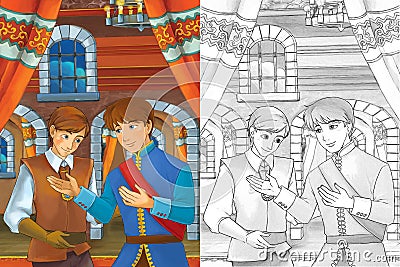 Prince in the castle chamber - two men talking - prince or king and the servant - good looking manga men - with coloring page Cartoon Illustration