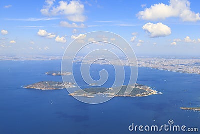 Prince islands from sky heybeliada, burgazada, and kinaliada re Stock Photo