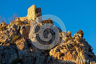 Prince John's tower at sunset. St Hilarion Castle. Kyrenia Distr Stock Photo