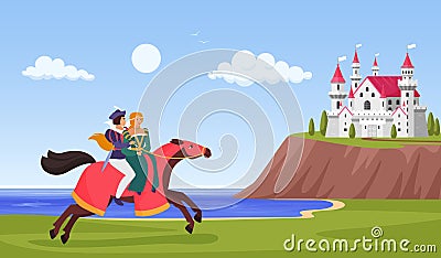 Prince and princess ride horse, horseman riding to castle on mountain fantasy landscape Vector Illustration