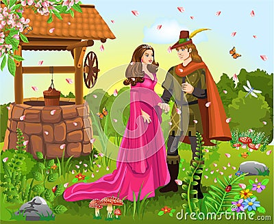 Prince and princess at the wishing well Vector Illustration